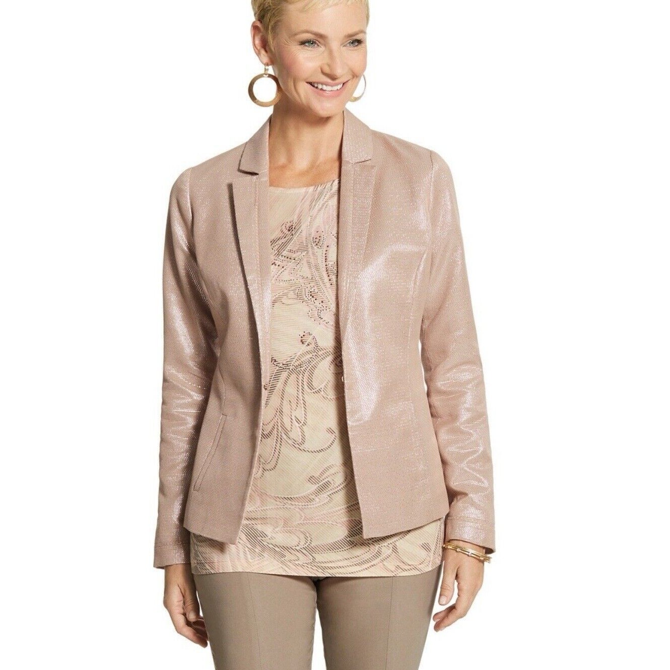 Chicos Jacket Sz 2 L Glimmering Blush Nude Shimmer Textured Holiday Blaz